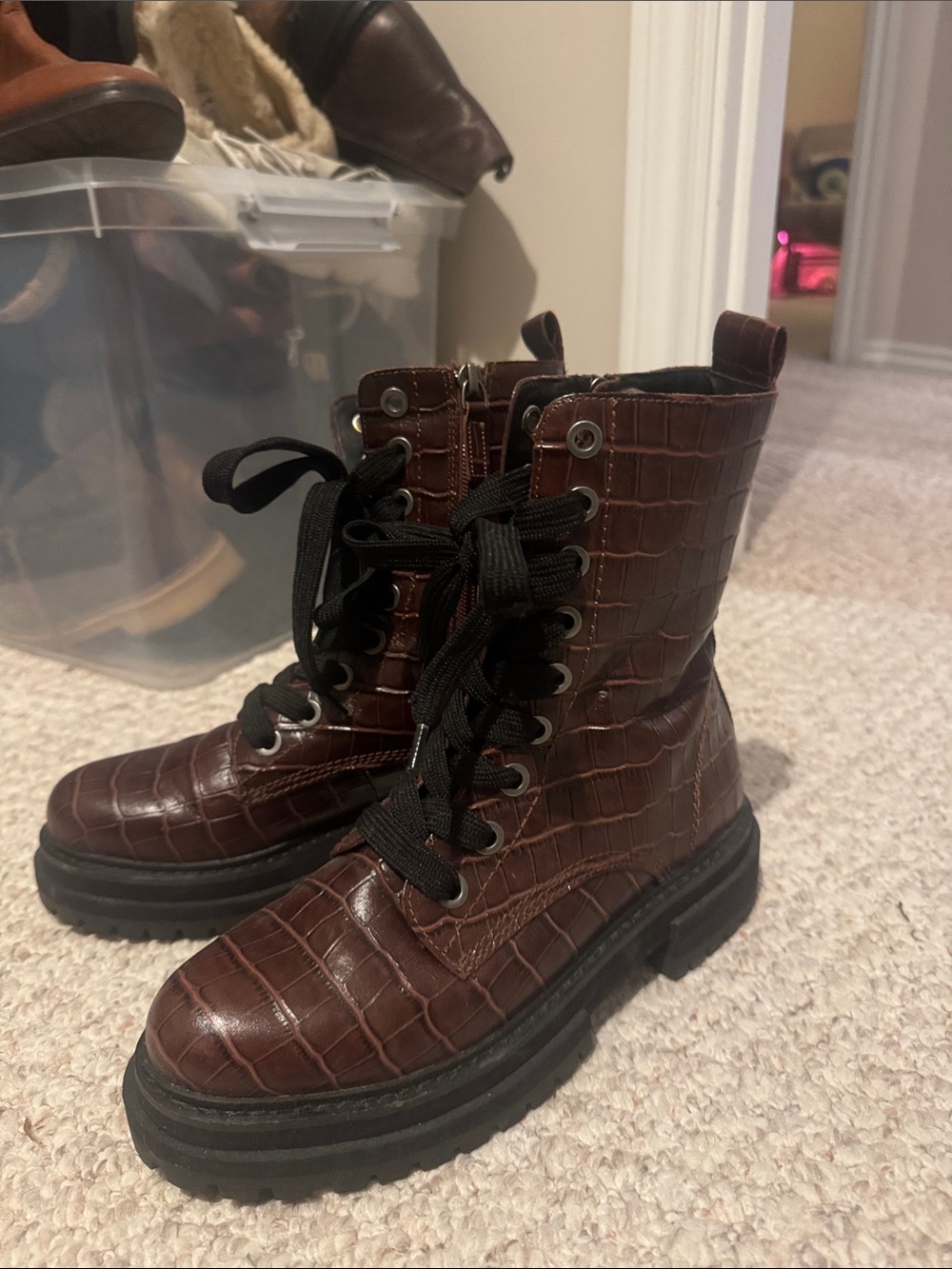 Croc-Embossed Leather Combat Boots